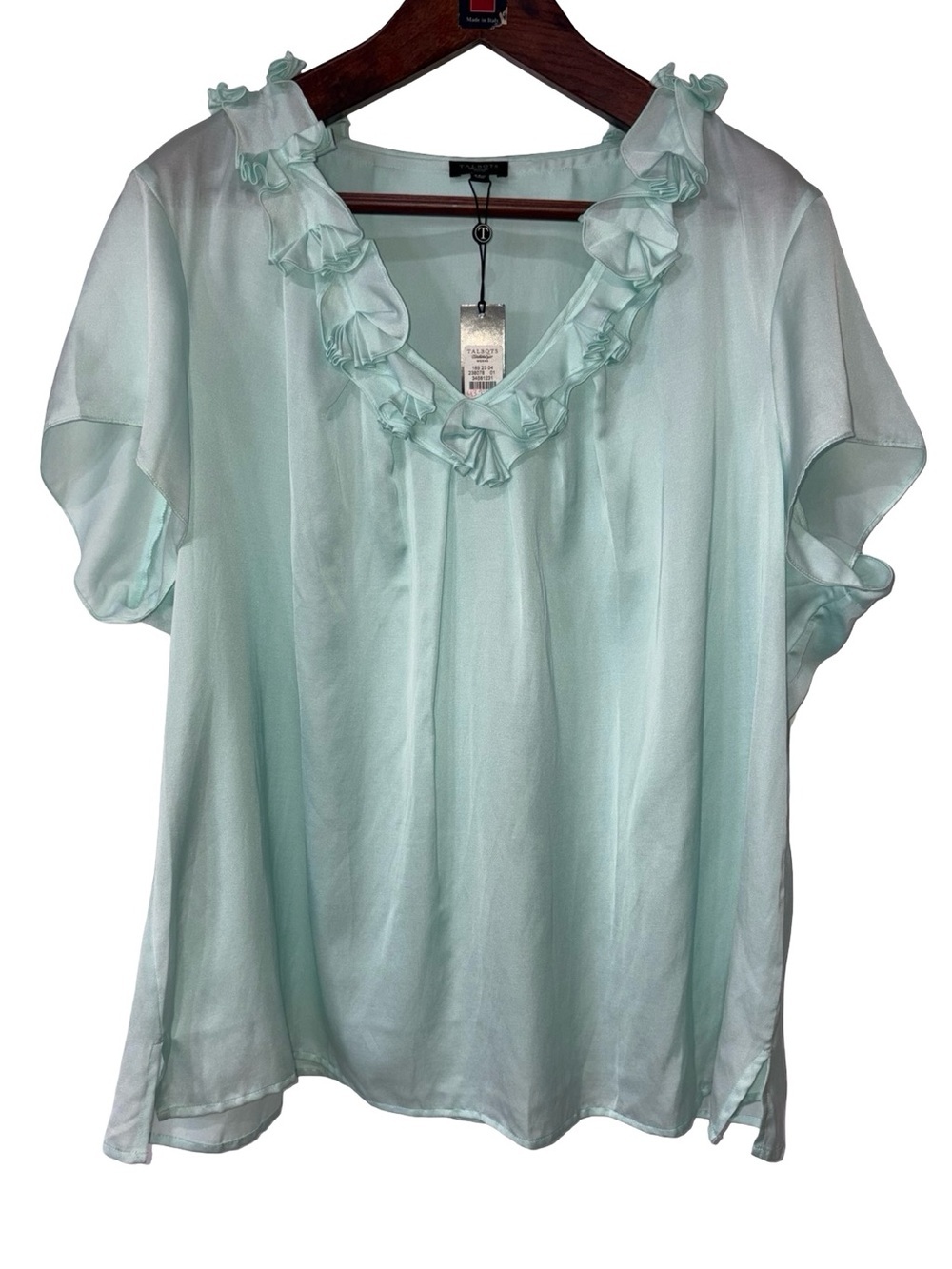 Talbots Woman 24W Mint Silk Cotton Ruffle Neck Blouse Short Sleeve Plus Size